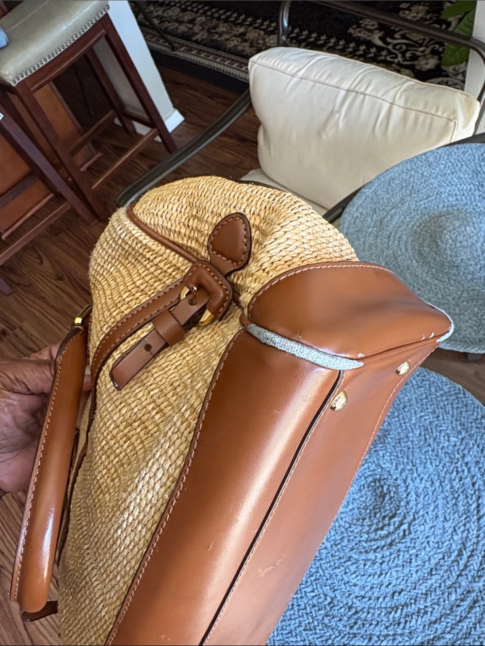 Lauren Ralph Lauren Straw Woven Satchel with Brown Trim - Picture 4 of 5
